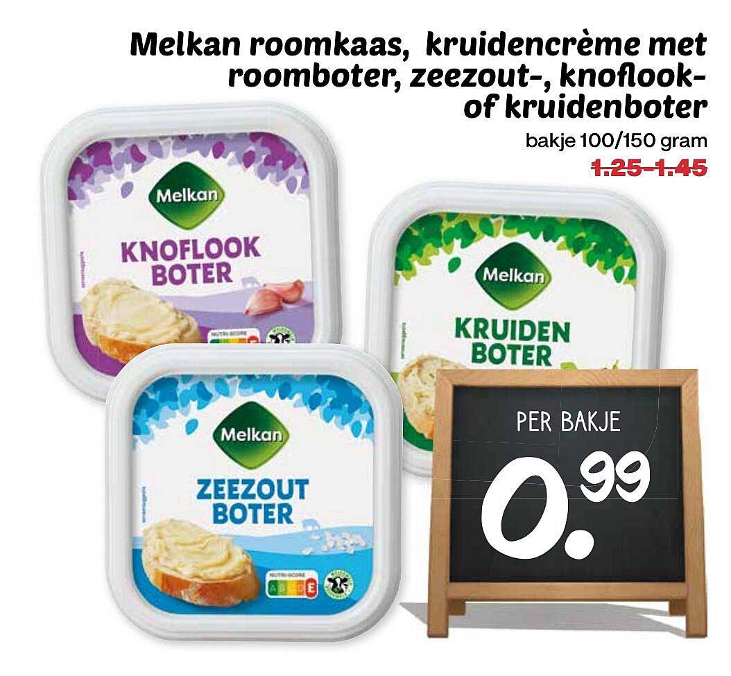 Melkan roomkaas, kruidencrème met roomboter, zeezout-, knoflook- of kruidenboter bakje 100/150 gram