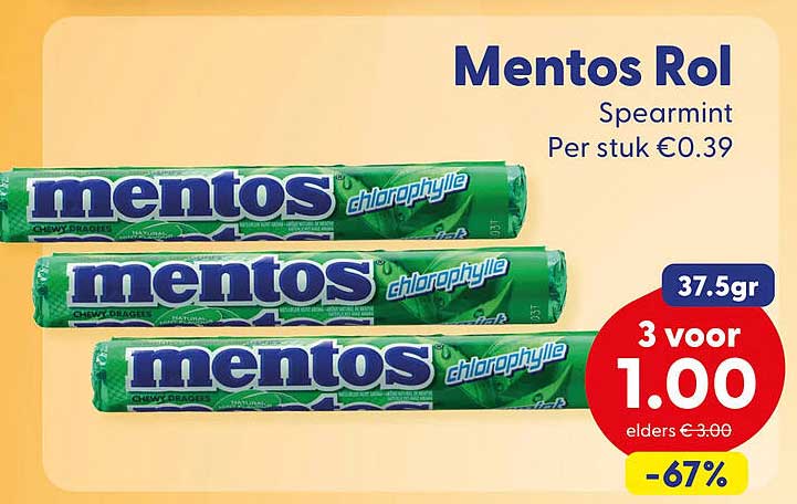 Mentos Rol Spearmint 37.5gr 3 voor 1.00 -67%