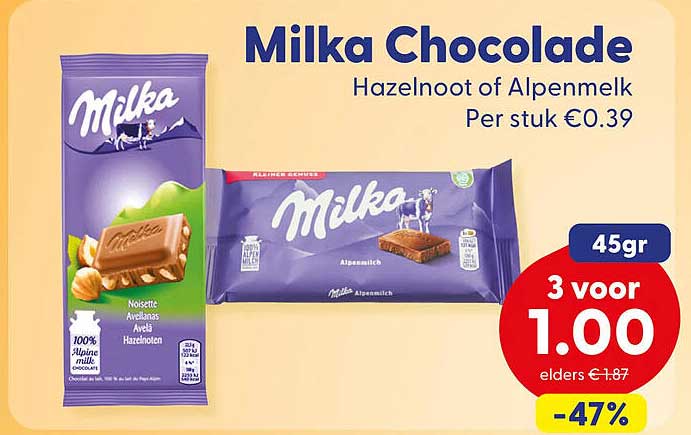 Milka Chocolade Hazelnoot of Alpenmelk 3 voor 1.00 -47%