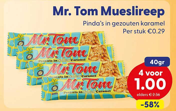 Mr. Tom Mueslireep Pinda’s in gezouten karamel 4 voor 1.00 -58%