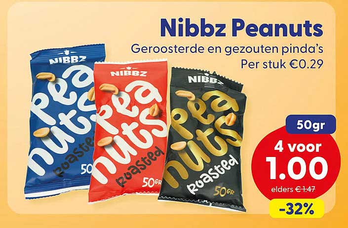 Nibbz Peanuts Geroosterde en gezouten pinda's 50gr 4 voor 1.00 -32%
