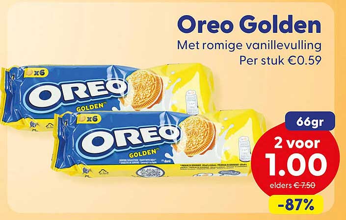 Oreo Golden Met romige vanillevulling Per stuk €0.59 66gr 2 voor 1.00