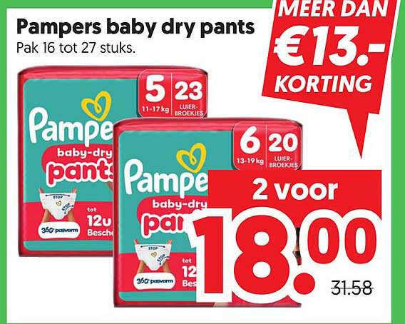 Pampers baby dry pants Pak 16 tot 27 stuks. 2 voor 18.00
