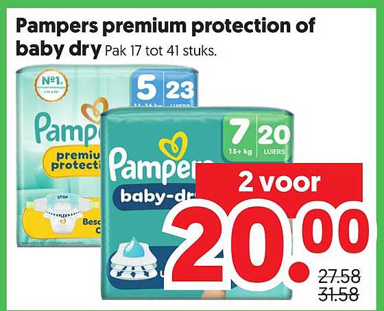 Pampers premium protection of baby dry Pak 17 tot 41 stuks 2 voor
