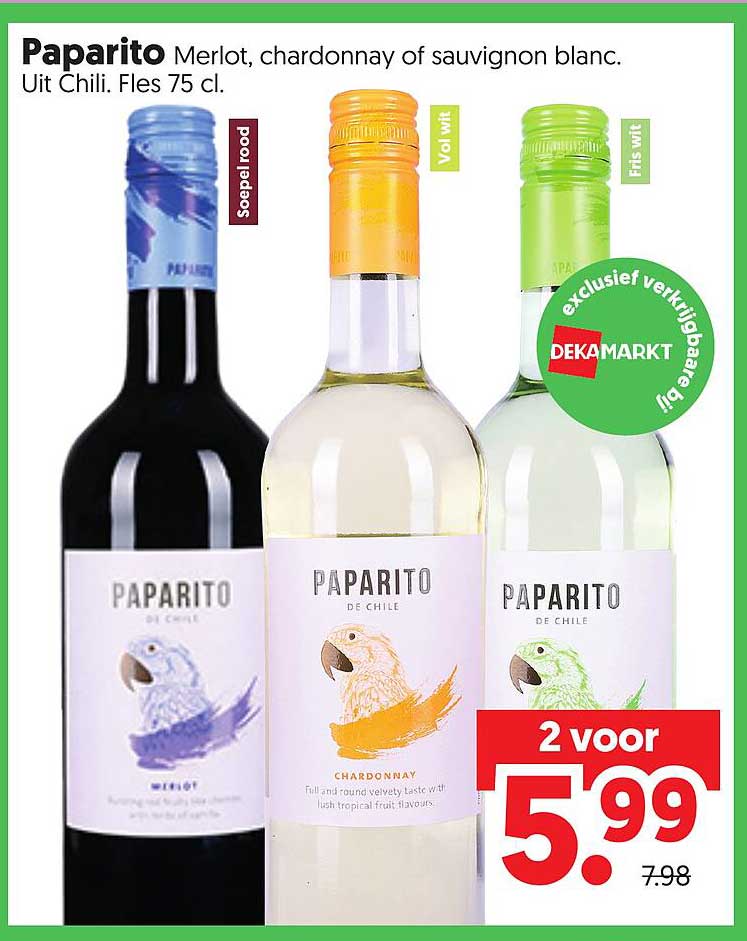 Paparito Merlot, chardonnay of sauvignon blanc. Uit Chili. Fles 75 cl. 2 voor