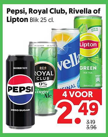 Pepsi, Royal Club, Rivella of Lipton Blik 25 cl.
