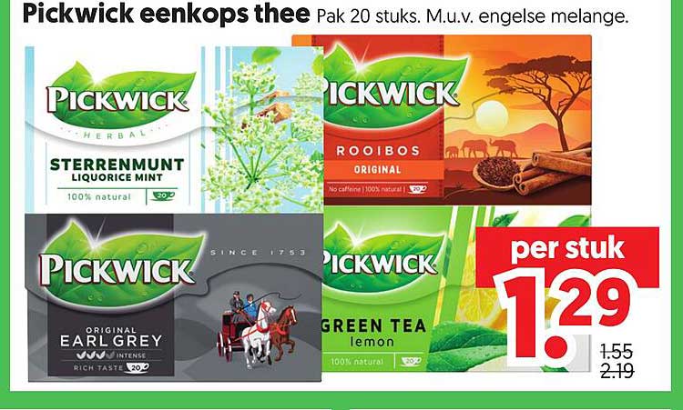Pickwick eenkops thee Pak 20 stuks. M.u.v. engelse melange.