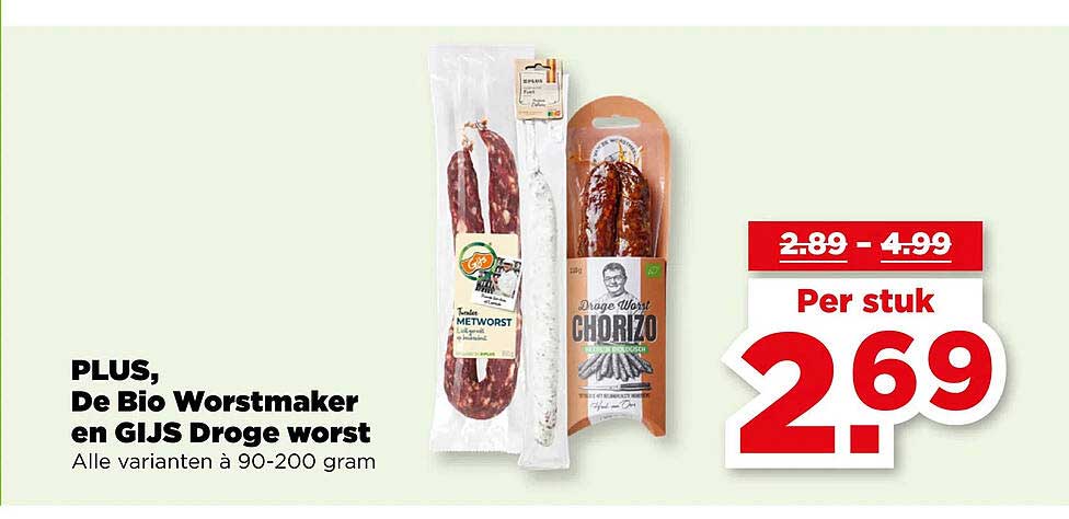 PLUS, De Bio Worstmaker en GIJS Droge worst Alle varianten à 90-200 gram