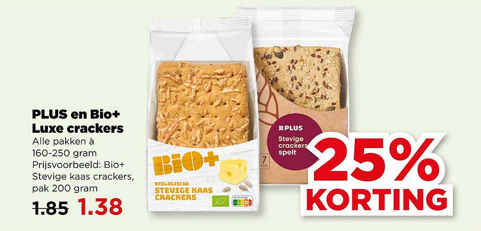 PLUS en Bio+ Luxe crackers 25% korting
