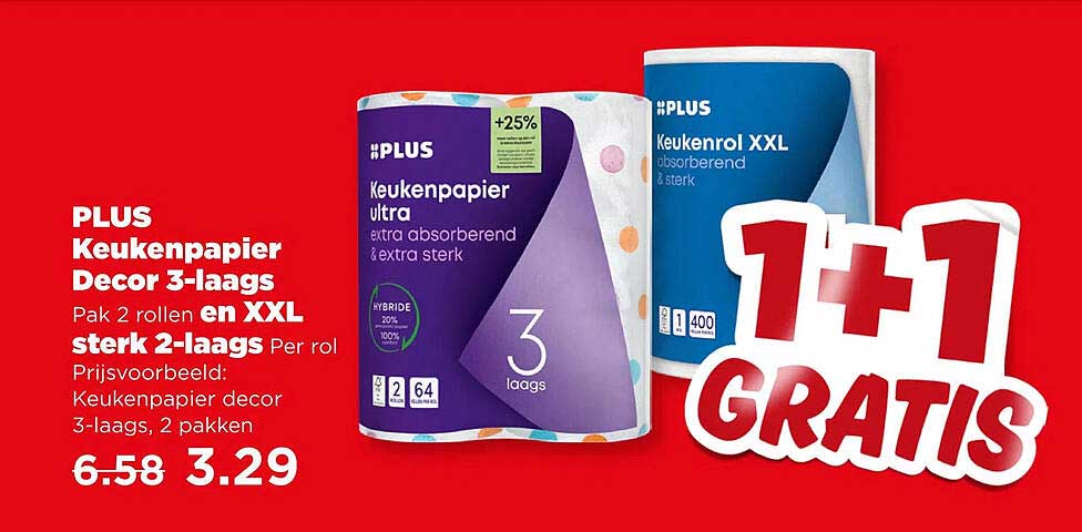 PLUS Keukenpapier Decor 3-laags Pak 2 rollen en XXL sterk 2-laags Per rol 1+1 GRATIS