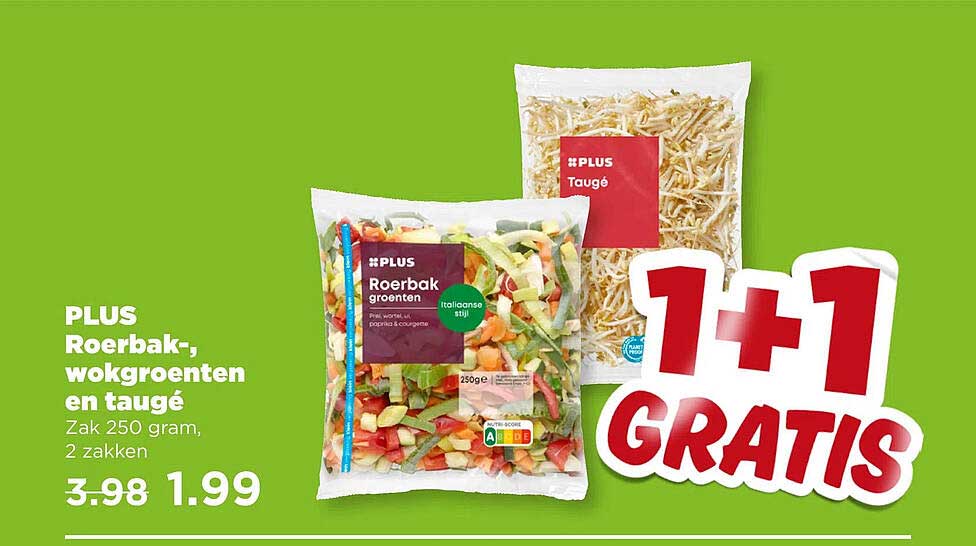 PLUS Roerbak-, wokgroenten en taugé Zak 250 gram, 2 zakken 1+1 GRATIS
