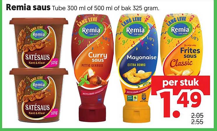Remia saus Tube 300 ml of 500 ml of bak 325 gram