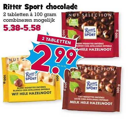 Ritter Sport chocolade 2 tabletten à 100 gram combineren mogelijk