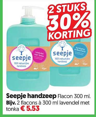 Seeppje handzeep Flacon 300 ml. Bijv. 2 flacons à 300 ml lavendel met tonka 2 STUKS 30% KORTING