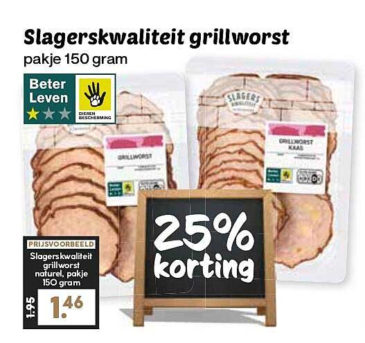 Slagerskwaliteit grillworst pakje 150 gram 25% korting