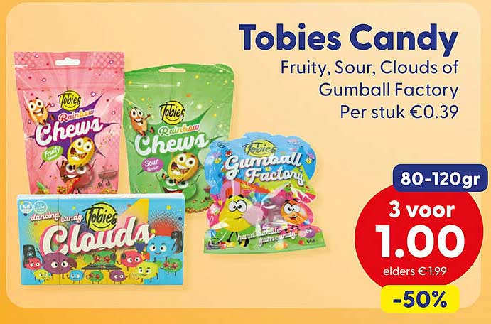 Tobies Candy Fruity, Sour, Clouds of Gumball Factory Per stuk €0.39 80-120gr 3 voor 1.00 -50%