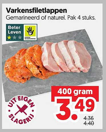 Varkensfiletlappen Gemarineerd of naturel. Pak 4 stuks.