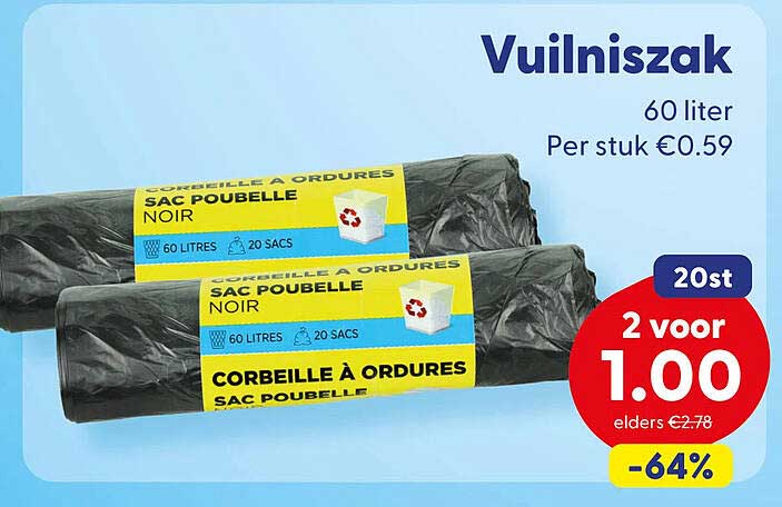 Vuilniszak 60 liter 20st 2 voor 1.00 -64%
