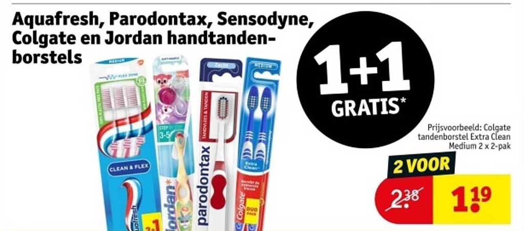 1 + 1 GRATIS* op Aquafresh, Parodontax, Sensodyne, Colgate en Jordan handtandenborstels