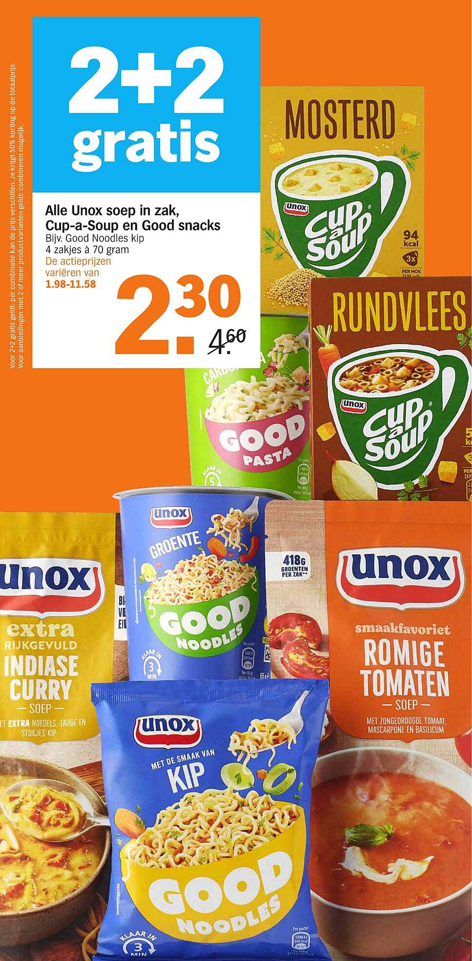 2+2 gratis op alle Unox soep in zak, Cup-a-Soup en Good snacks