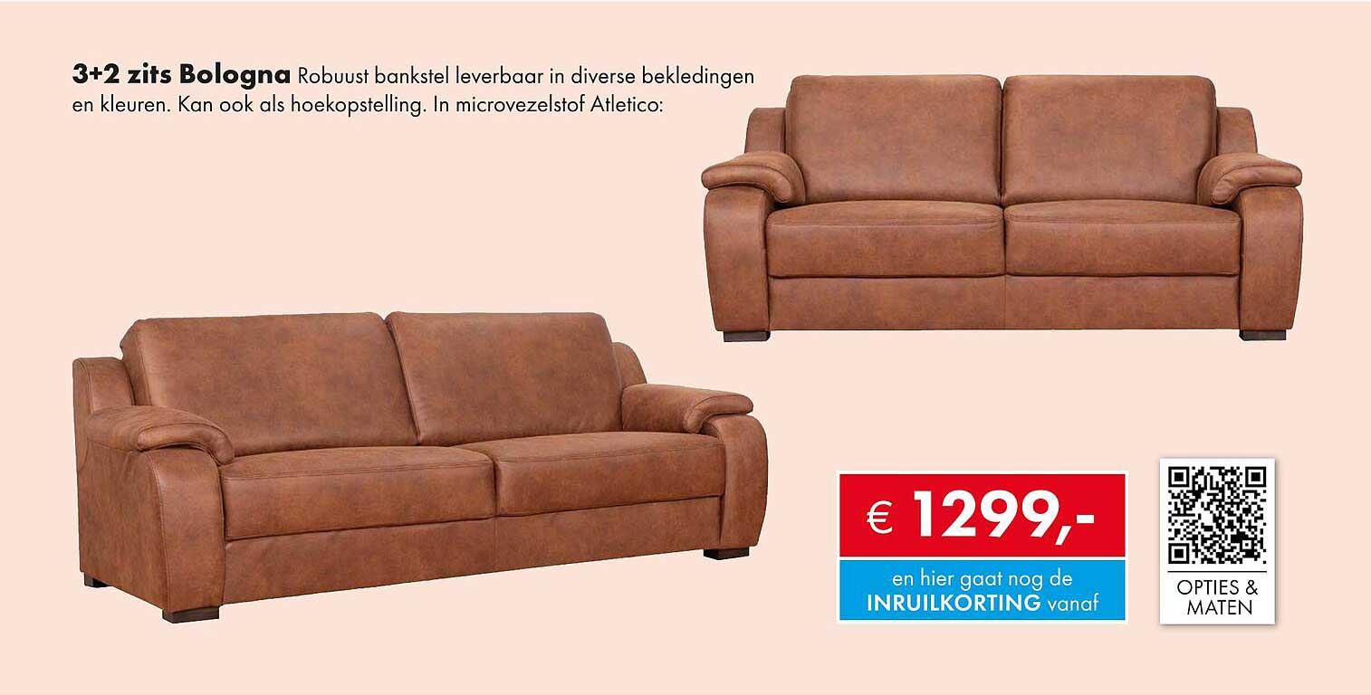 3+2 zits Bologna Robuust bankstel leverbaar in diverse bekledingen en kleuren.