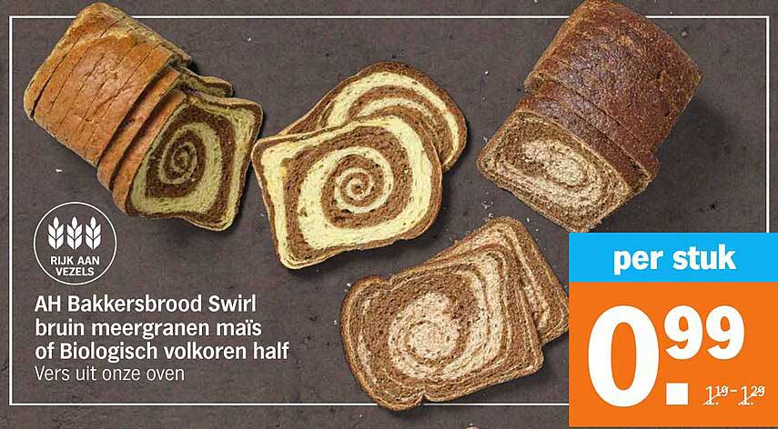 AH Bakkersbrood Swirl bruin meergranen maïs of Biologisch volkoren half