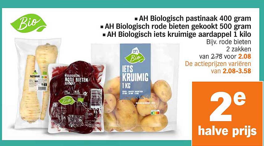 AH Biologisch pastinaak 400 gram, AH Biologisch rode bieten gekookt 500 gram, AH Biologisch iets kruimige aardappel 1 kilo