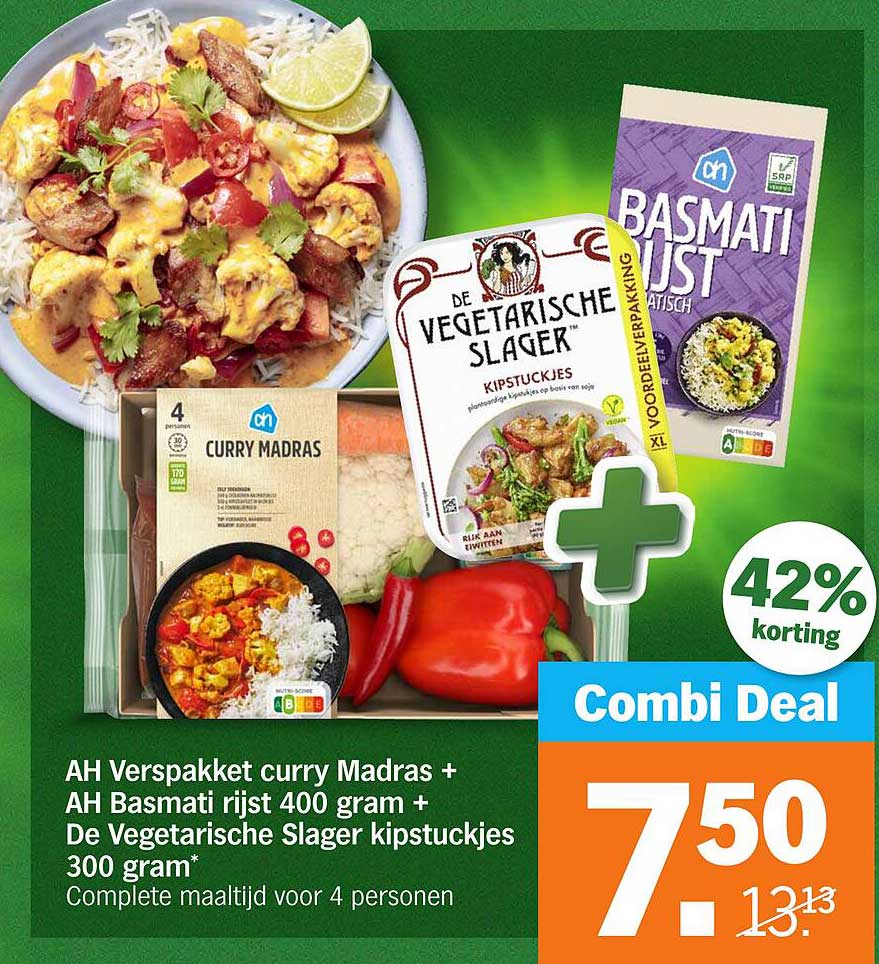 AH Verspakket curry Madras + AH Basmati rijst 400 gram + De Vegetarische Slager kipstukjes 300 gram*