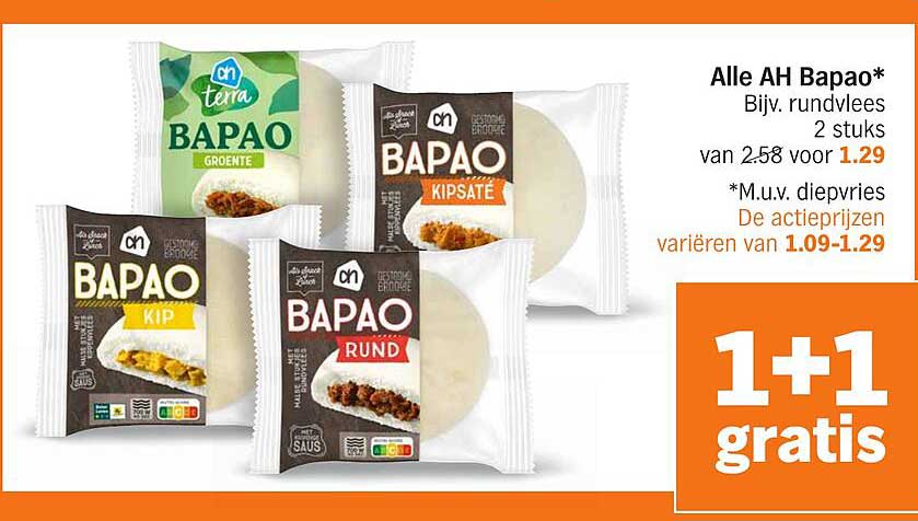 Alle AH Bapao* Bijv. rundvlees 2 stuks van 2.58 voor 1.29