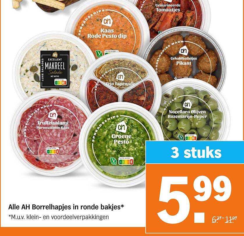 Alle AH Borrelhapjes in ronde bakjes*