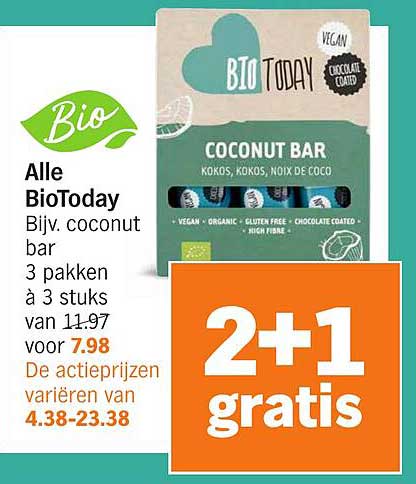 Alle BioToday Bijv. coconut bar 3 pakken à 3 stuks van 11.97 voor 7.98