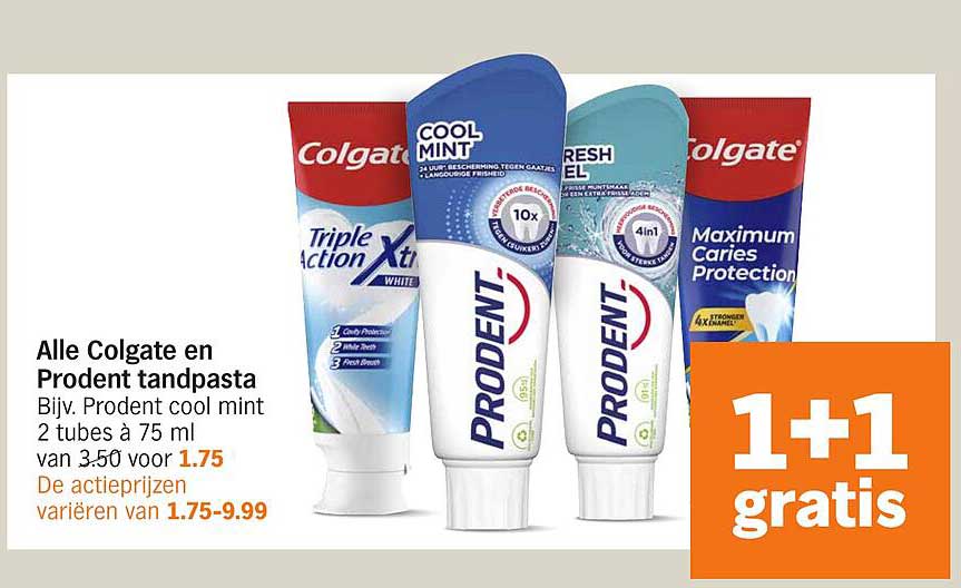 Alle Colgate en Prodent tandpasta Bijv. Prodent cool mint 2 tubes à 75 ml van 3.50 voor 1.75