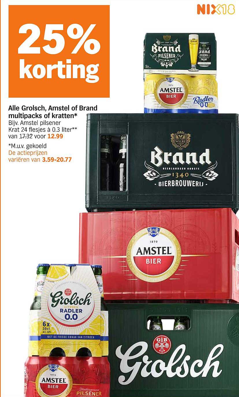 Alle Grolsch, Amstel of Brand multipacks of kratten* Bijv. Amstel pilsener Krat 24 flesjes à 0.3 liter** van 17.32 voor 12.99