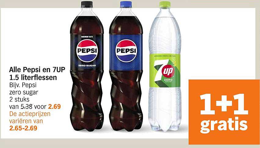 Alle Pepsi en 7UP 1.5 literflessen 1+1 gratis