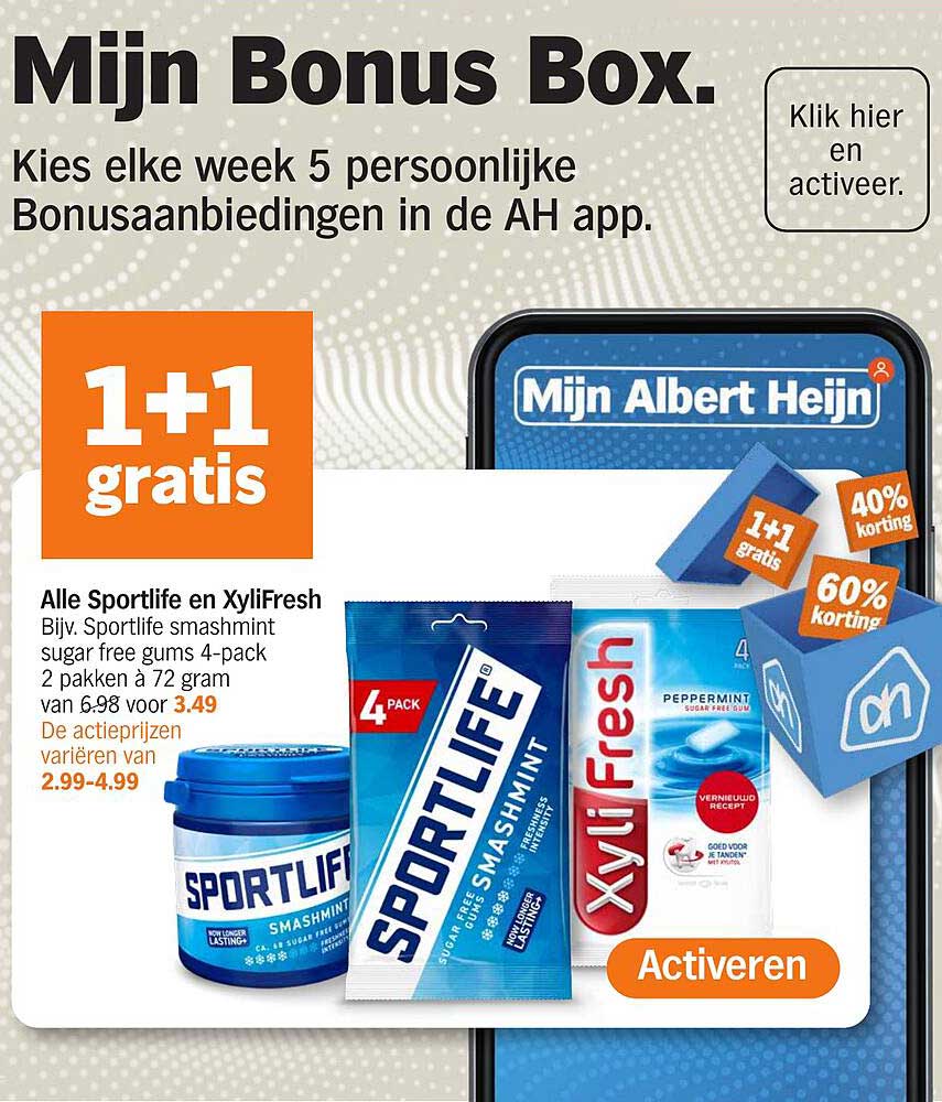 Alle Sportlife en XyliFresh. Bijv. Sportlife smasmint sugar free gums 4-pack 2 pakken à 72 gram van 6.98 voor 3.49.