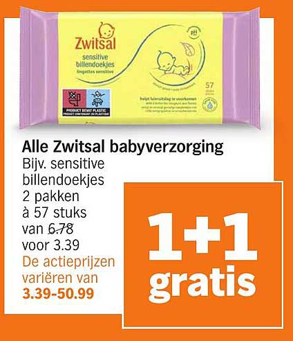 Alle Zwitsal babyverzorging Bijv. sensitive billendoekjes 2 pakken à 57 stuks van 6.78 voor 3.39