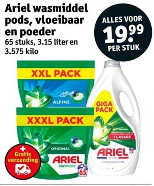 Ariel wasmiddel pods, vloeibaar en poeder