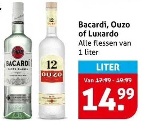 Bacardi, Ouzo of Luxardo Alle flessen van 1 liter