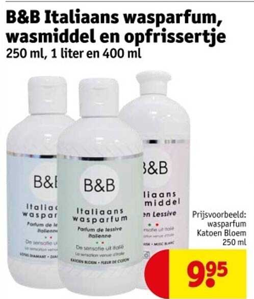 B&B Italiaans wasparfum, wasmiddel en opfrissetje 250 ml, 1 liter en 400 ml