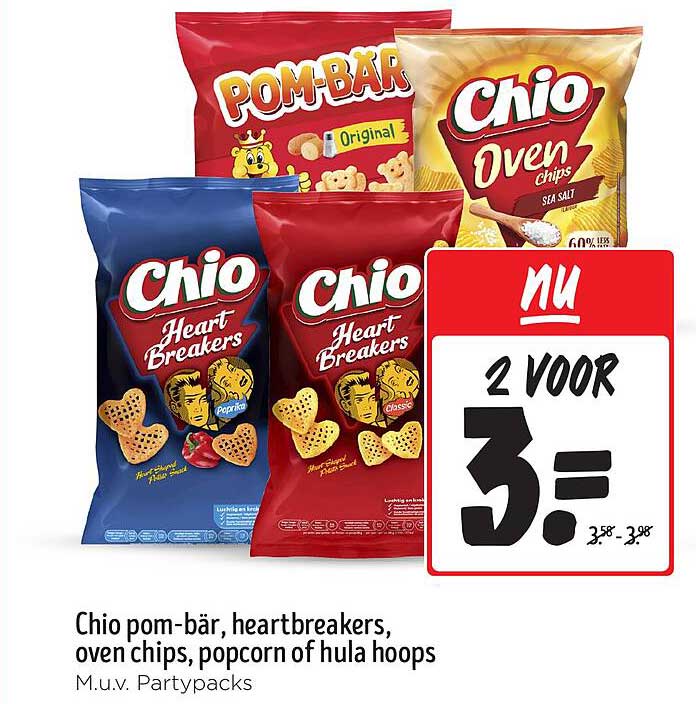 Chio pom-bär, heartbreakers, oven chips, popcorn of hula hoops