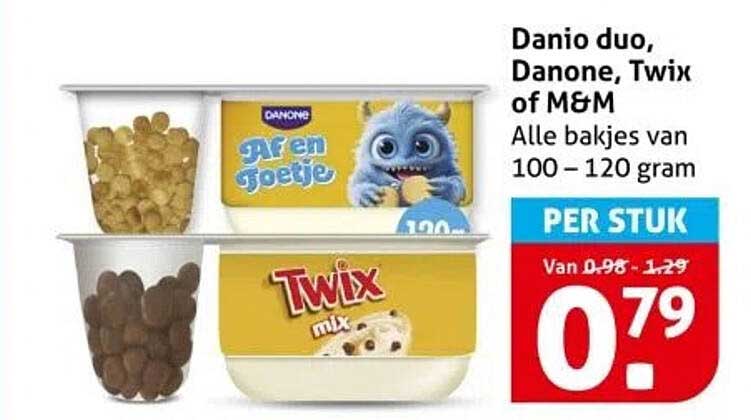 Danio duo, Danone, Twix of M&M - Alle bakjes van 100 – 120 gram