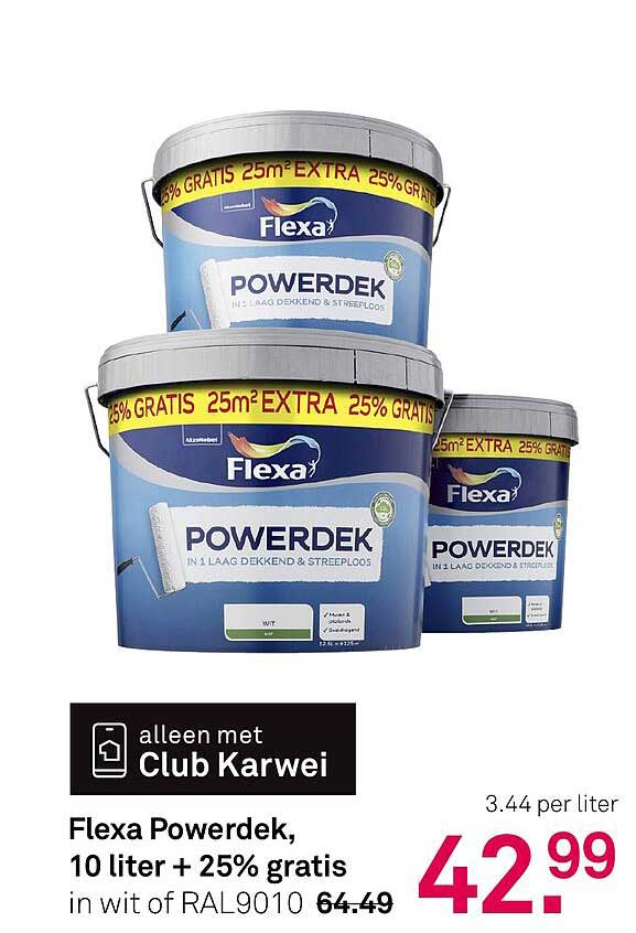 Flexa Powerdek, 10 liter + 25% gratis in wit of RAL9010
