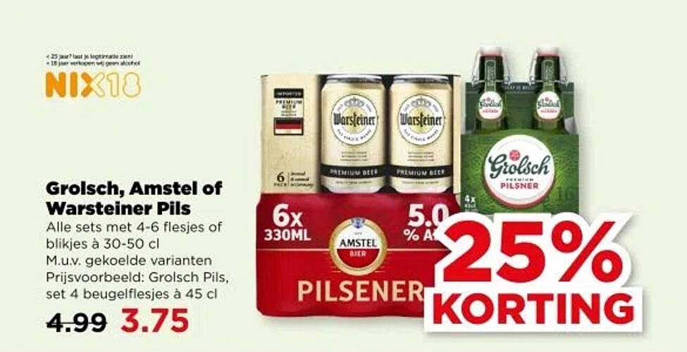 Grolsch, Amstel of Warsteiner Pils - 25% korting