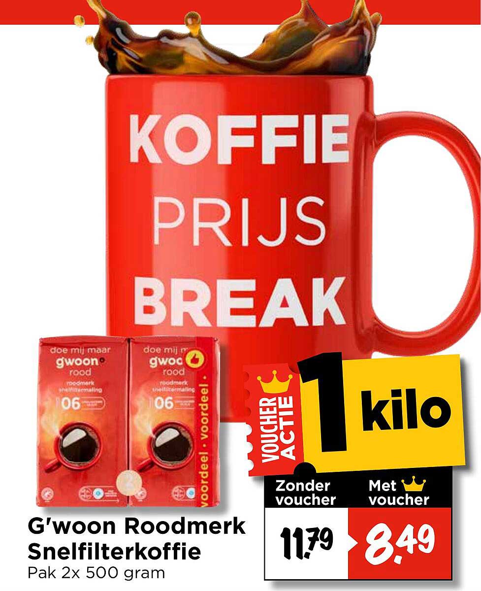 G'woon Roodmerk Snelfilterkoffie Pak 2x 500 gram