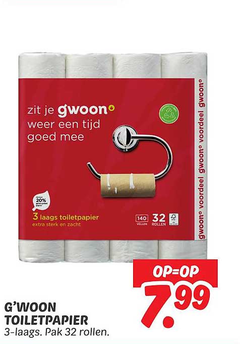 G’woon Toiletpapier 3-laags. Pak 32 rollen.