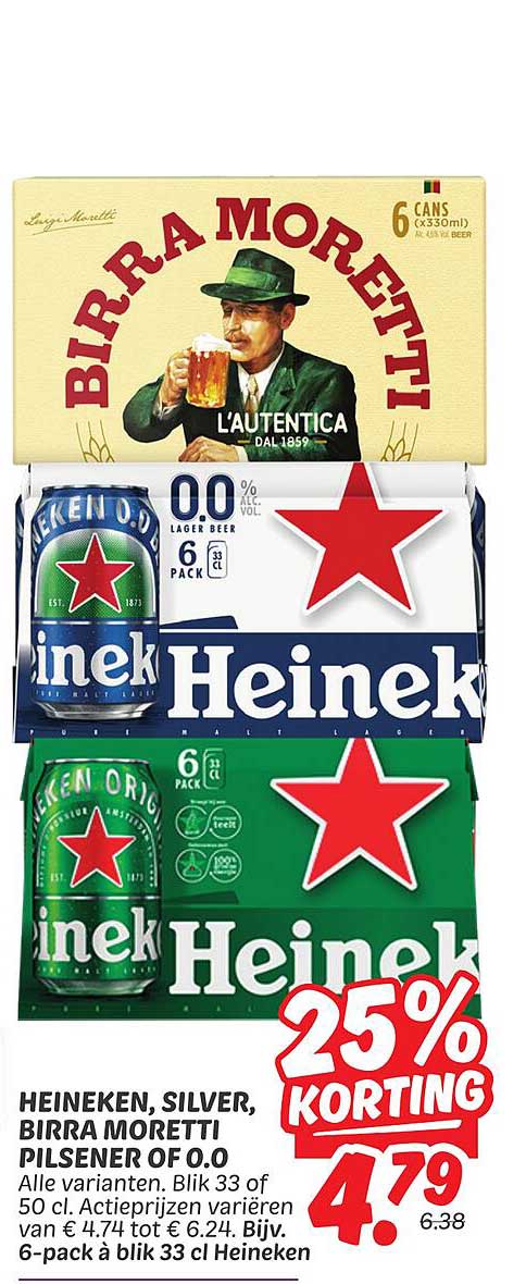 Heineken, Silver, Birra Moretti Pilsener of 0.0 6-pack à blik 33 cl
