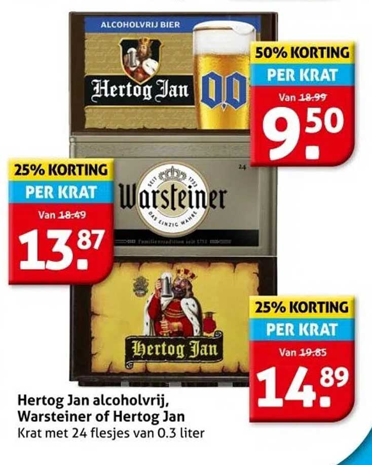 Hertog Jan alcoholvrij, Warsteiner of Hertog Jan Krat met 24 flesjes van 0.3 liter