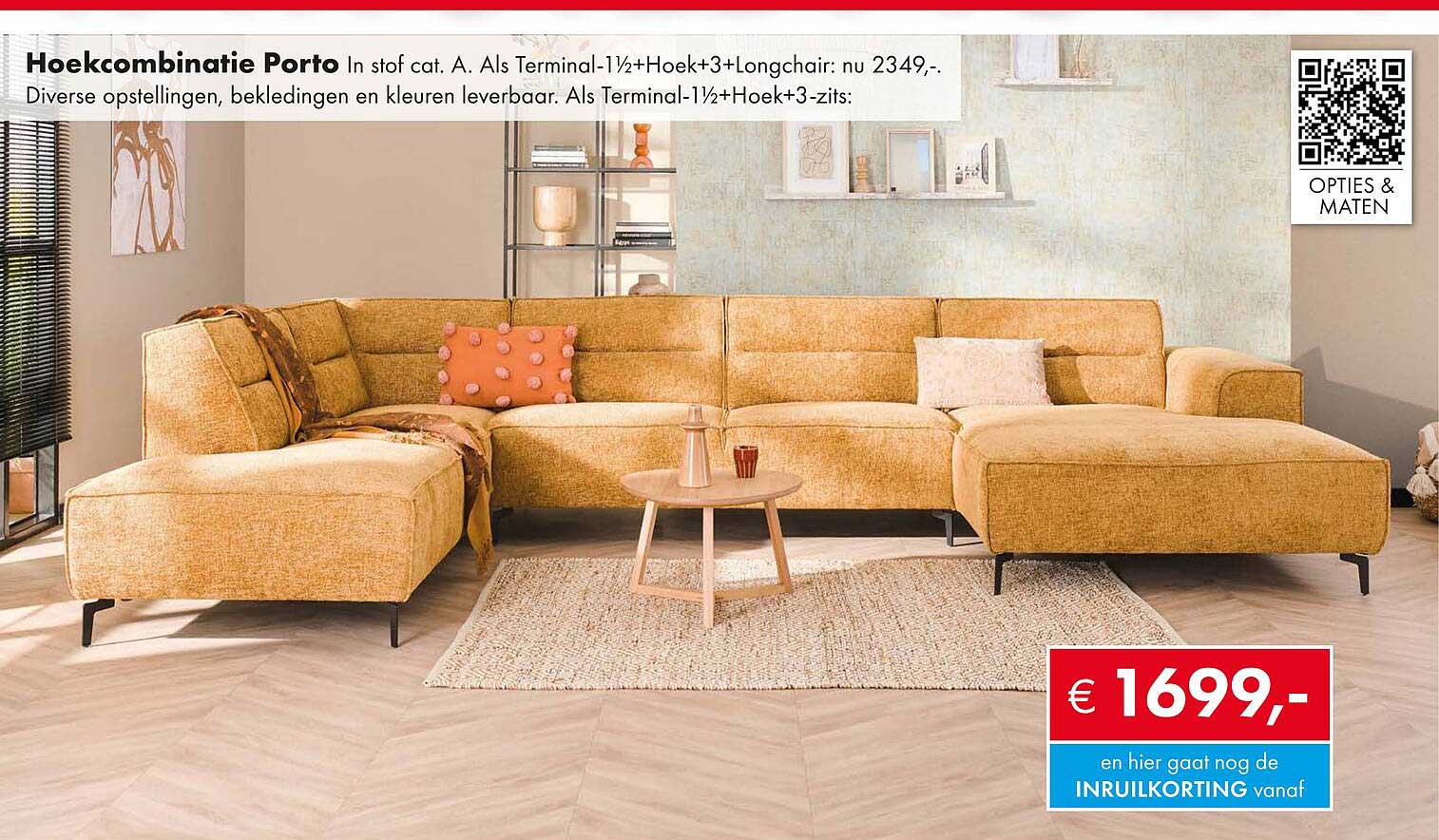 Hoekcombinatie Porto In stof cat. A. Als Terminal-1½+Hoek+3+Longchair: nu 2349,-