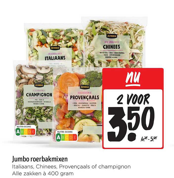 Jumbo roerbakmixen: Italiaans, Chinees, Provençaals of champignon
