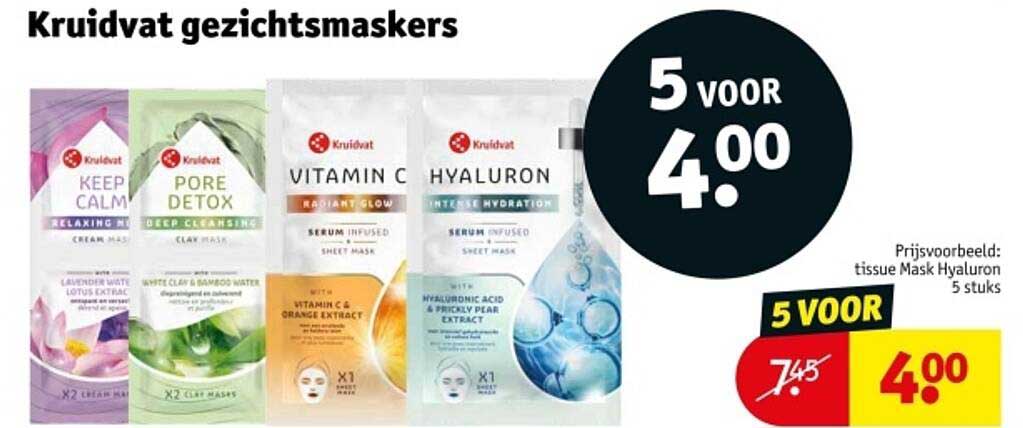 Kruidvat gezichts- en haarmaskers, 5 voor 4,00